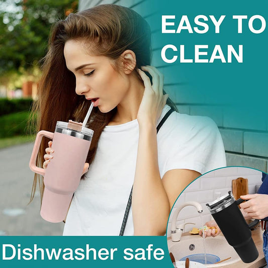 Tumbler Straw Lid and Handle, Stainless Steel Insulated Water Bottle - Leakproof